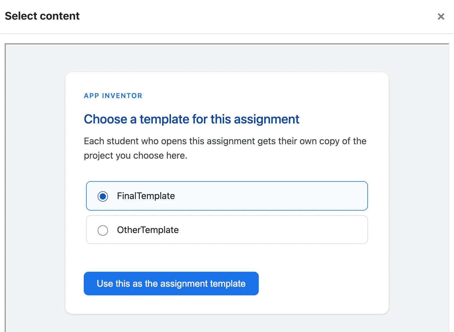 An App Inventor page inside Moodle titled Choose a template for this assignment, with two projects to choose from and a button that reads Use this as the assignment template.