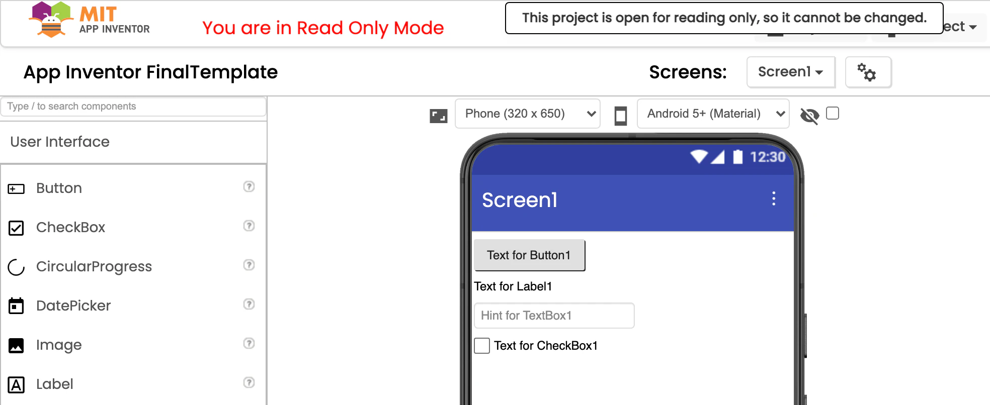 The App Inventor designer in read only mode, with a message at the top that reads This project is open for reading only, so it cannot be changed.